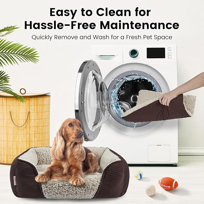 Miguel Washable Dog Bed with Removable Cushion for Medium Small Dogs, Easy to Wash Pet Sofa Bed with Side, Rectangle Bolster Cat Bed Calming Cuddle Puppy Bed with Anti-Slip Bottom, Brown 25 Inch