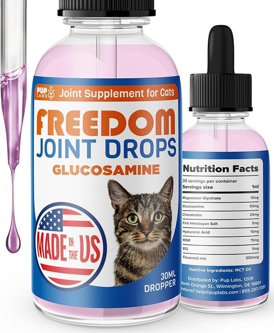 Freedom Joint Drops for Cats with Hyaluronic Acid, MSM, Glucosamine, & Chondroitin, All Natural Cat Joint Supplement for Mobility, Powerful Glucosamine for Cats, Cat Pain Relief, 30ml Dropper