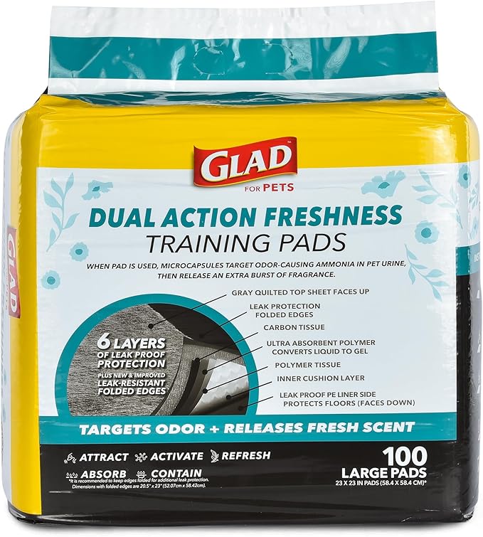 Glad for Pets Dual Action Freshness Activated Carbon Puppy Training Pads with Fragrance Release, Scented Pee Pads, Ultra Absorbent, Odor Control. 23"x23" 100ct