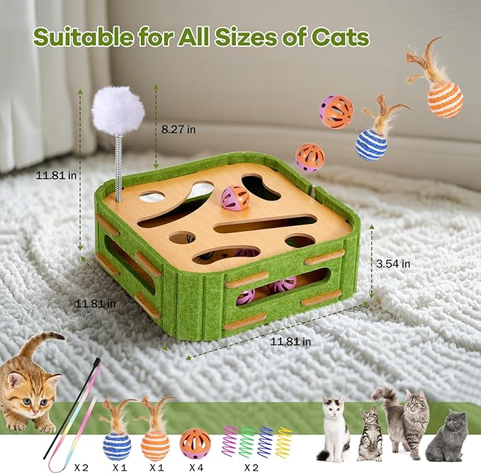 5-in-1 Cat Toys Interactive Wooden Cat Puzzle Toy Intelligence Treat Puzzle Feeder Box Game Enrichment Accessories with Jingle Balls, Wands, and Spiral Springs for Indoor Kitten Adult Cat