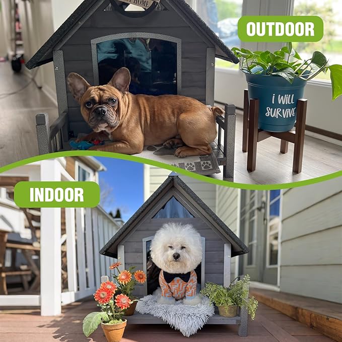 GUTINNEEN Dog House Outdoor with Anti-Bite Metal Frame, Dog Kennel with Porch and Weatherproof Roof for Small, Medium, Large Breeds, Puppy Home Indoor (Grey, 45’’ Medium)