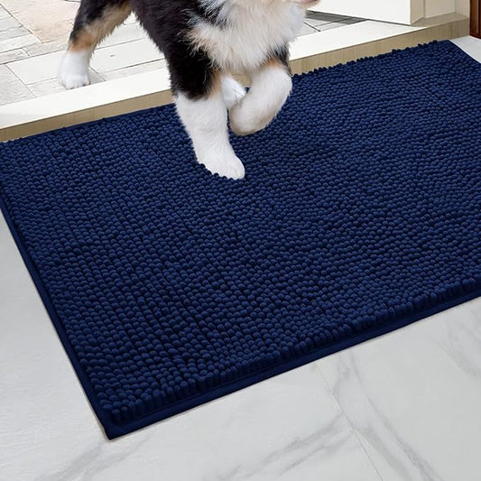 HOMEIDEAS Doormat Indoor Entrance, 32"x20", Highly Absorbent Chenille Muddy Dog Washable Non Slip Front Welcome Door Floor Mat for Entryway, Navy Blue