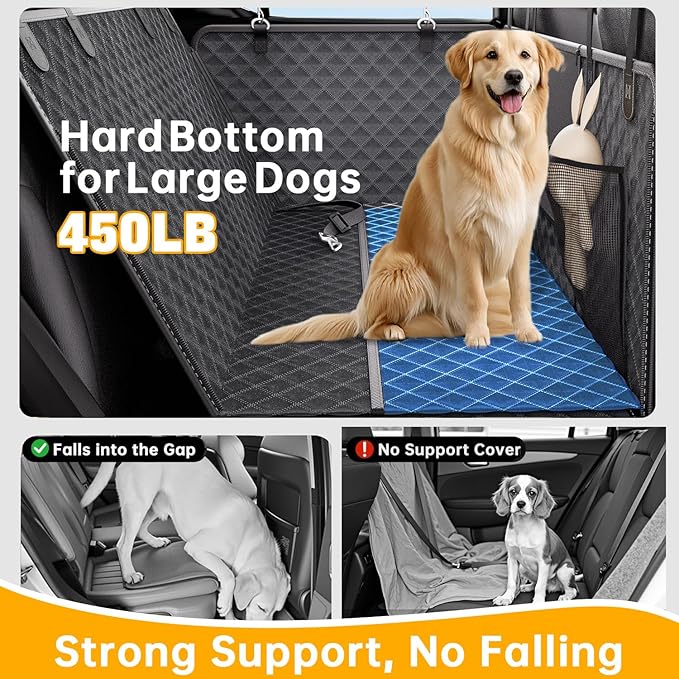 Dog Car Seat Cover for Back Seat Hard Bottom, [Powerful Holds 450 Ibs] [Space+50%] 600D Waterproof Non-Slip Car Hammock, Back Seat Extender Dogs, Sedans/SUVs/Trucks, Standard, Black