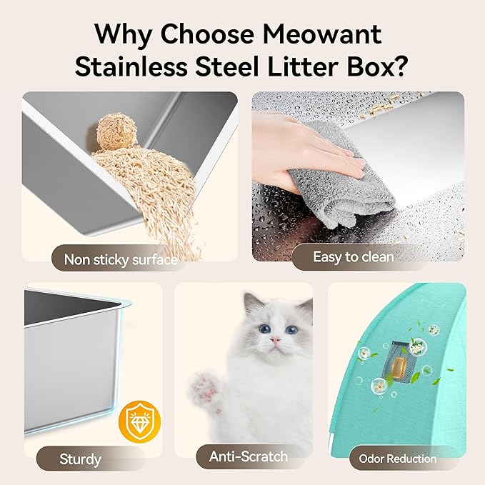 Meowant Stainless Steel Cat Litter Box with Lid, Extra Large Square 3-in-1 Enclosed Metal Litter Box with High-Sided Oxford Fabric Cover, Metal Scoop, Odorless, Non-Sticky,Leak-Resistant,Easy to Clean