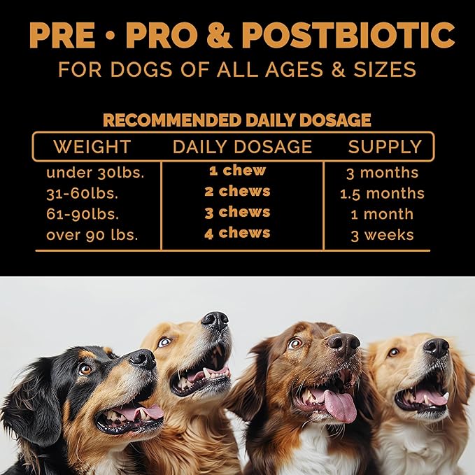 Probiotics for Dogs. Dog Digestive Health-Pre Pro and Postbiotic Combination-Pet Supplements for Gut Health-Supports Digestion, Boost Immunity-100CT Soft Chews