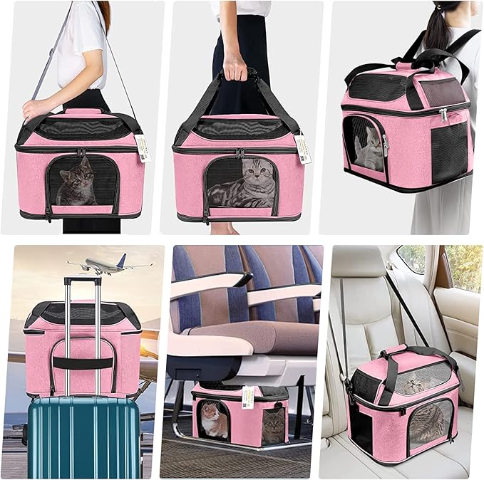 Large Cat Carrier Pet Carrier, Oeko-TEX Certified Soft Side Pet Carrier for Cat, Small Dog, Collapsible Travel Small Dog Carrier, TSA Airline Approved Cat Carrier for Cats 20 lb,Pink