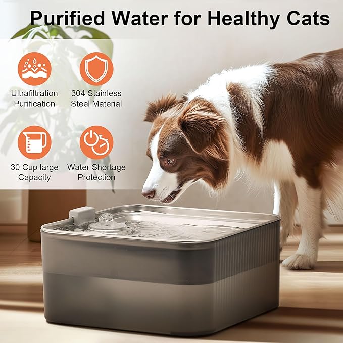 FUKUMARU Dog Water Fountain - 1.8 Gal/236oz/7L Ultra Quiet Pump (28.5dB) & 4-Stage Filter System Stainless Steel & ABS Kitty Water Fountains for Multi-Cat/Dog Homes, with 3 Filters