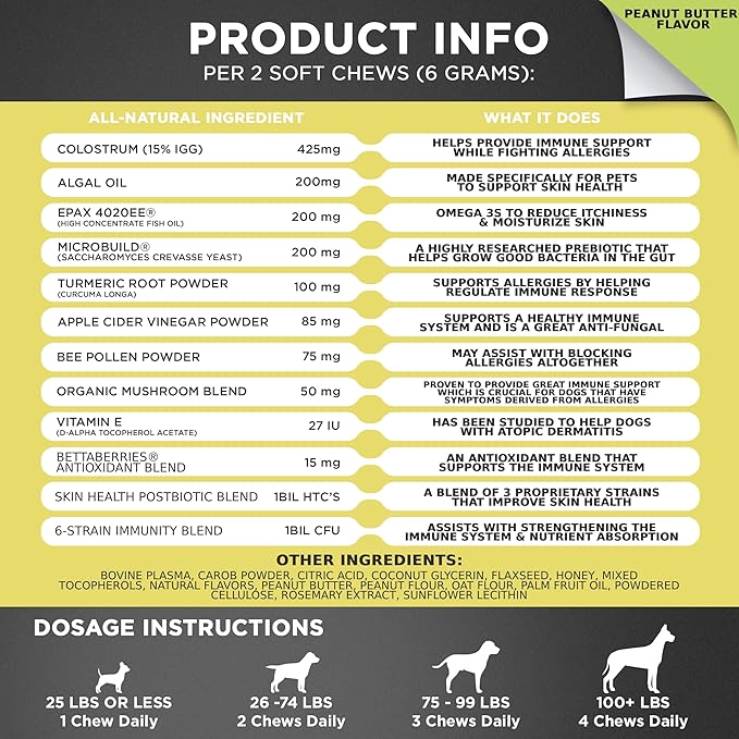 Googipet Dog Allergy Chews, Seasonal Dog Allergy Relief & Itchy Skin Relief, Skin & Coat Supplement +Bee Pollen, Colostrum, Coconut Oil, Probiotics, & Omega 3 Fish Oil for Dogs