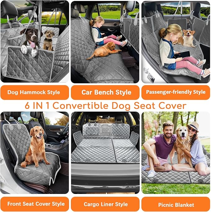 URPOWER 6-in-1 Dog Car Seat Cover for Back Seat, Waterproof Dog Car Hammock with Mesh Window, Non-Slip Pet Backseat Protector for Cars, Trucks and SUVs