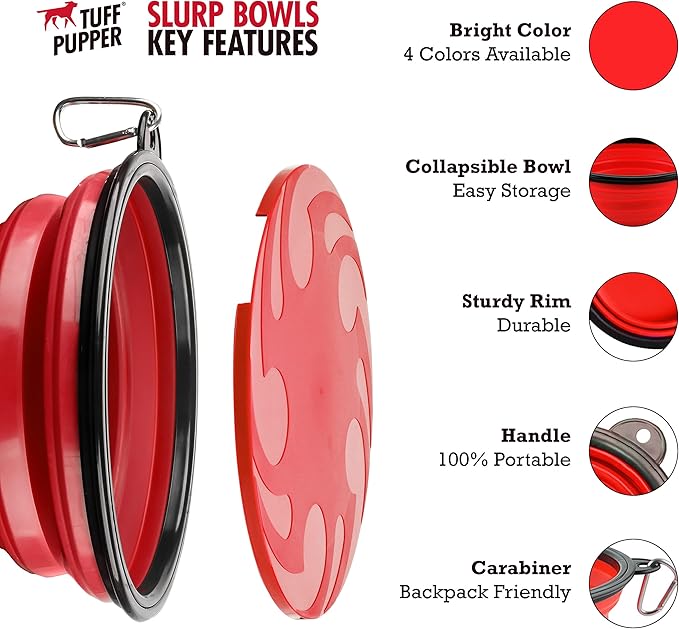 Tuff Pupper SuperBigSlurp Collapsible Dog Bowls | Extra Large Capacity | Portable, Food Safe, Odorless | Non-Toxic Silicone [ Red Bowl 60oz]