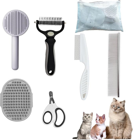 Cat Grooming Brush Kit 6 Tools - Deshedding & Dematting for Long/Short Hair, Self-Cleaning Slicker Brush with 6-in-1 Flea Comb for Cats & Kittens (White)