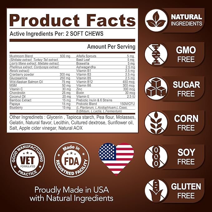 (2 Pack) Mushroom for Dogs - 340 Chews - Turkey Tail - Mushroom Supplement for Dogs - Lions Mane - Reishi - Immunity Support Multivitamin Vitamins - Joint Health - Energy - Gut - Skin - Made in USA