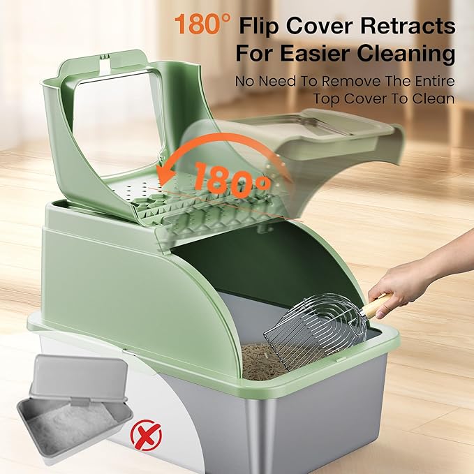 Stainless Steel Litter Box, XXL Large Metal Cat Litter Boxes, Dual Entrance Detachable Litter Box with Lid, 16.6'' High Wall Urine Leak Prevention with Cat Litter Scoop (Green)