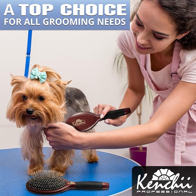 Kenchii Pet Grooming Metal Pin Brush | Solid Wood, Non-Slip Grip Detangling and Shedding Tool for Long or Short Haired Pets - Large Oblong Size