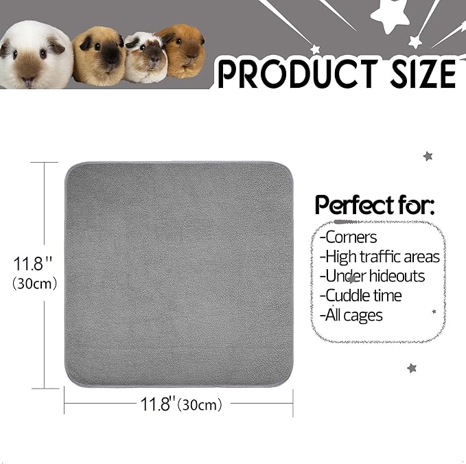 Guinea Pig Cage Liner, 4 Pack - Washable, Reusable, Leakproof Fleece Bedding Pads for Small Animals with Anti-Slip Bottom - for C&C 12''X12'' Area, Gray