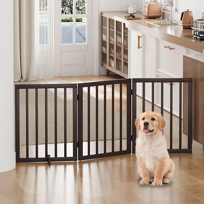 Freestanding Foldable Dog Gate - Indoor Pet Gate with Metal Support Feet, Room Divider 3 Panels (Brown)