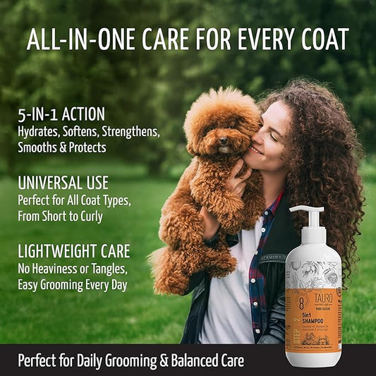 Tauro Pro Line 5in1 Moisturizing, Deodorizing, Deshedding Dog Shampoo for Smelly Dogs, Hypoallergenic, Safe Puppy Shampoo for Daily Care (13.5 Fl Oz)