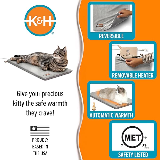 K&H Pet Products Heated Cat Bed Pad for Indoor Cats, Thermo-Kitty Mat Calming Warm Pet Heating Pad for Inside Pets, Machine Washable, Waterproof Heater, Safety Listed - 12.5 X 25in Gray