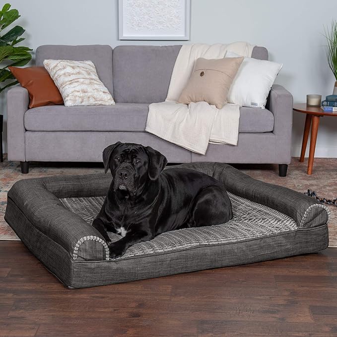 Furhaven Cooling Gel Dog Bed for Large Dogs w/ Removable Bolsters & Washable Cover, For Dogs Up to 125 lbs - Luxe Faux Fur & Performance Linen Sofa - Charcoal, Jumbo Plus/XXL