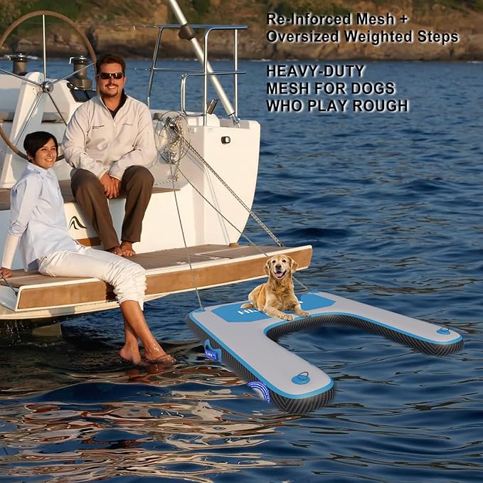 Inflatable Dog Water Ramp with Non-Slip Steps & D-Rings–220 lbs Capacity,55"x39.4"x4", Portable Floating Ladder for Pool, Boat, Lake – Blue