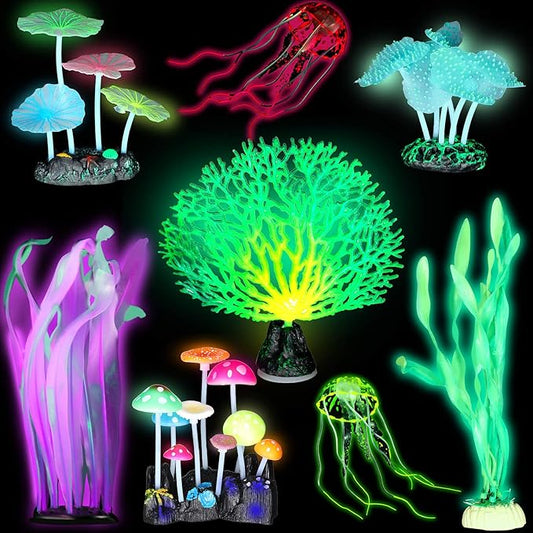 Frienda 8 Pieces Glowing Fish Tank Decorations Plants with 2 Style Glowing Kelp, Sea Anemone, Simulation Coral, Jellyfish, Lotus Leaf, Mushroom for Aquarium Fish Tank Ornament(Yellow, Pink)