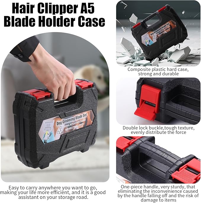 5 Pack Detachable Dog Grooming Steel Blades with Blade case Holder,Compatible with Andis,Oster A5,Wahl KM-10 Series,Cutting Length 1/16" to 1/2"(10+7FC+5FC+4FC+3-3/4FC-black)