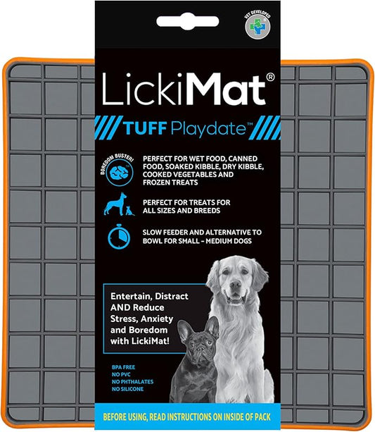 LickiMat Tuff, Heavy-Duty Playdate, Dog Slow Feeder Lick Mat, Boredom Anxiety Reducer; Perfect for Food, Treats, Yogurt, or Peanut Butter, Fun Alternative to a Slow Feed Dog Bowl, Orange