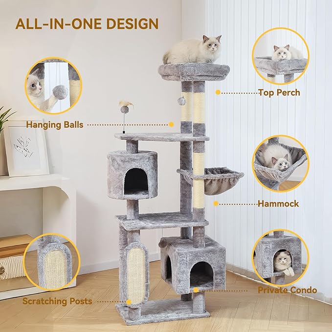 Hoopet 70-Inch Large Cat Tree for Multiple Cats Cat Tower with 2 Condos, Scratching Posts, Hammock & Platform, Plush Perch for Indoor Activity Relaxing Easy Assembly Grey