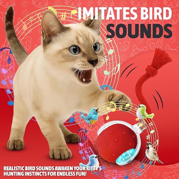 2025 New Interactive Pet Toy Ball for Indoor Cats & Small Dogs – Motion-Activated Automatic Rolling Ball with Chirping Sounds, Elastic Tail, Smart Rechargeable Toy to Keep Pets Active.