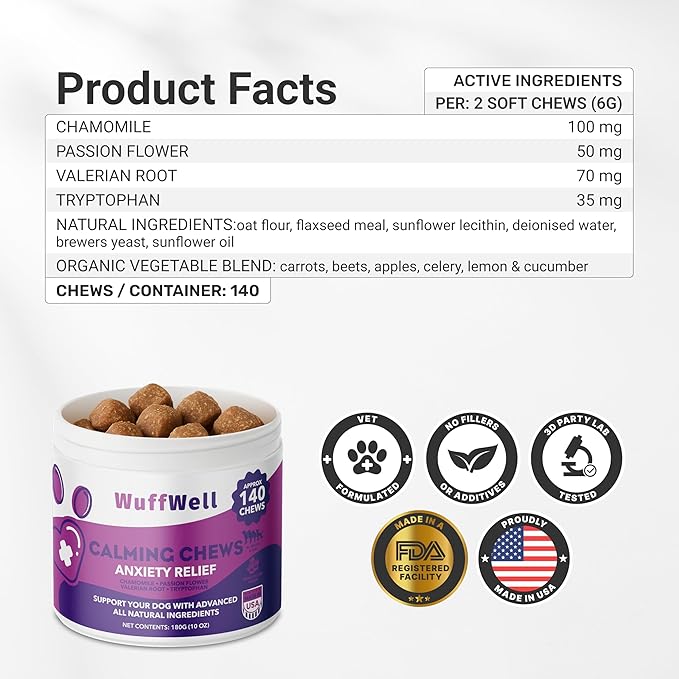 Calming Chews for Dogs Relaxation & Hyperactivity – Chamomile, Passion Flower, Valerian Root & Tryptophan Infused Calming Bites for Dog Anxiety Relief – Made in USA – 140 Count