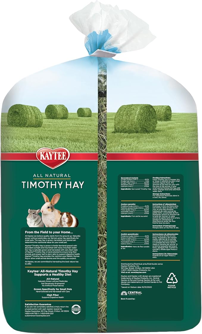 Kaytee Timothy Hay, High Fiber, Grown Specifically for Small Animals, Rabbits, Guinea Pigs, Chinchillas, Ideal Bulk Order for Small Pets, 24 pounds