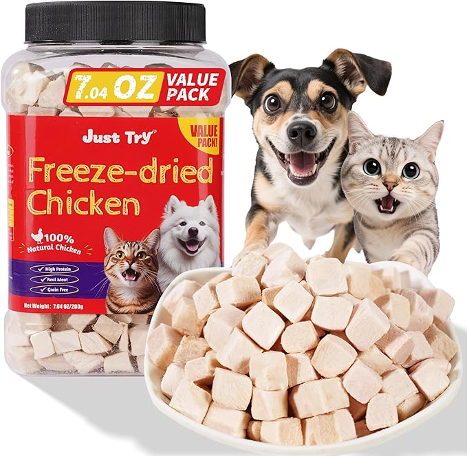 Just Try 7.05 oz Freeze Dried Chicken Cat & Dog Treats Food Topper Raw Single Ingredient High Protein Grain Free Healthy Dog Training Treats