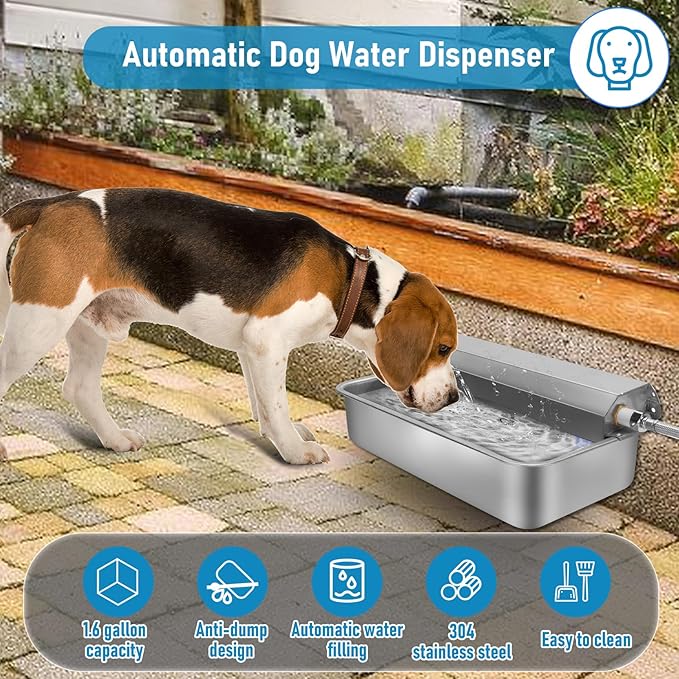 6L Automatic Dog Water Dispenser Bowl for Large Dogs, 304 Stainless Steel Wall Mounted Pet Waterer with Float Valve, Self-Filling Outdoor Water Trough for Pets/Livestock