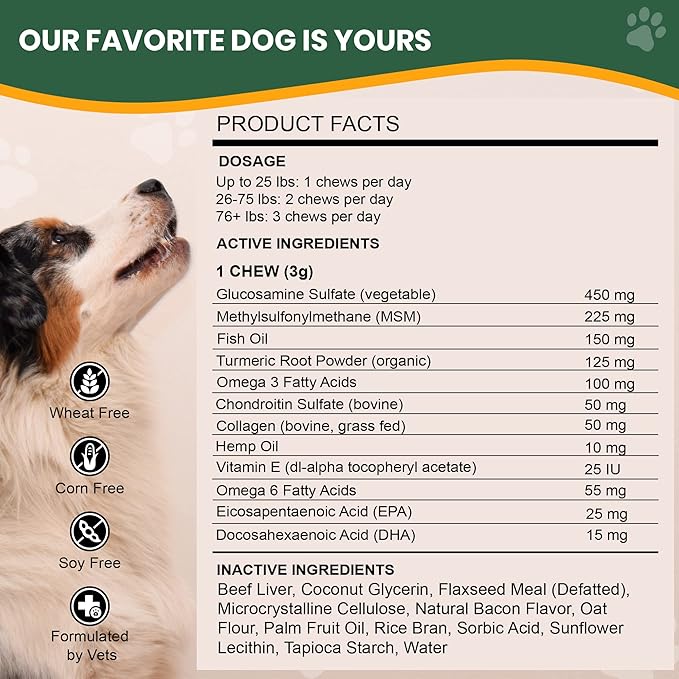 Veterinary Naturals Hemp & HIPS Joint Supplement for Dogs - 60 Soft Chews for Dog Hip and Joint Supplement with Glucosamine for Dogs, MSM, & Turmeric (Beef & Bacon)