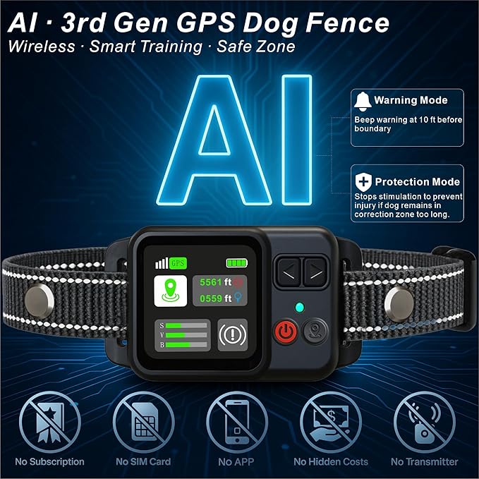 GPS Wireless Electric Dog Fence – Circular Wireless Dog Fence System for Dogs with Early Warning Beep & Auto-Protection, Quick-Charge Collar, 6561ft Range, Waterproof, 3 Modes, Outdoor Use Only