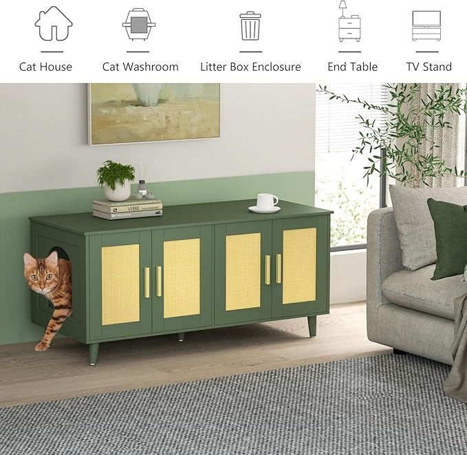 Homhedy Boho Cat Litter Box Enclosure for 2 Cats, Wooden Cat Washroom Furniture with Double Rattan Decorated Doors, Pet House,47.2”L x 19.7”W x 21.7”H, Green