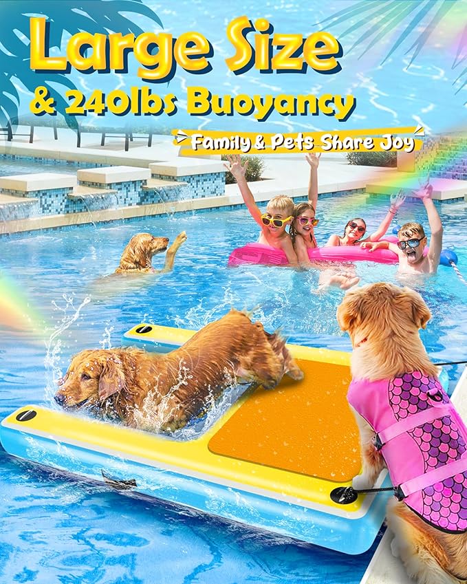 Inflatable Dog Ramp – 60"x40" Extra Large Boat Ramp for Dogs Up to 240 lbs, Non-Slip Puncture-Resistant Inflatable Dock Floating Platform, Pool Floats Platform for Lakes, Boats, Lake, Trip