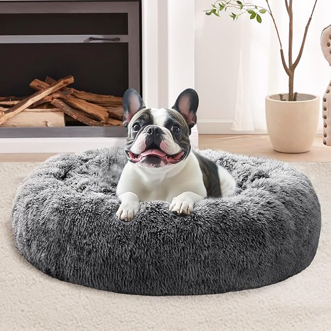JOLLYVOGUE Calming Dog & Cat Bed for Small Dogs, Anti-Anxiety Donut Cuddler Cozy Soft Round Bed with Anti-Slip Bottom, Fluffy Faux Fur Plush Cushion Beds for Small Medium Dogs, 20"/Smoke Black