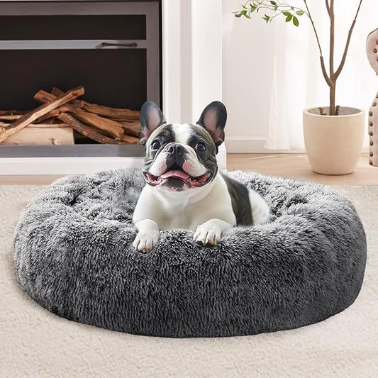 JOLLYVOGUE Calming Dog & Cat Bed for Small Dogs, Anti-Anxiety Donut Cuddler Cozy Soft Round Bed with Anti-Slip Bottom, Fluffy Faux Fur Plush Cushion Beds for Small Medium Dogs, 23"/Smoke Black