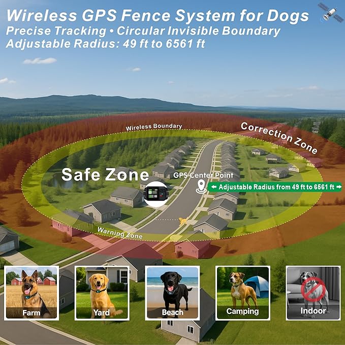 GPS Wireless Electric Dog Fence – Circular Wireless Dog Fence System for Dogs with Early Warning Beep & Auto-Protection, Quick-Charge Collar, 6561ft Range, Waterproof, 3 Modes, Outdoor Use Only