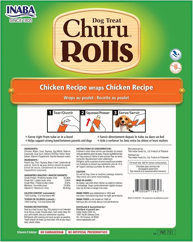 INABA Churu Rolls for Dogs, Soft & Chewy Baked Chicken Wrapped Filled Dog Treats, 0.42 Ounces Each Tube, 64 Tubes Total, Chicken Recipe