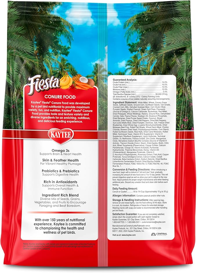 Kaytee Fiesta Conure Food, Nutritious and Fun Blend, Supports Skin, Feather, Digestion, Brain and Heart Health, 4.5 pounds