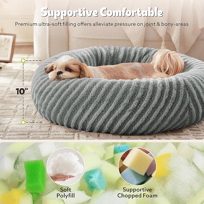 MIXJOY Calming Dog Beds Large Sized Dogs - Washable Donut Large Dog Bed with Removable Zipper Cover, Round Fluffy Plush Faux Fur Pet Bed with Anti-Slip Bottom, 36"x36"x10", Grey