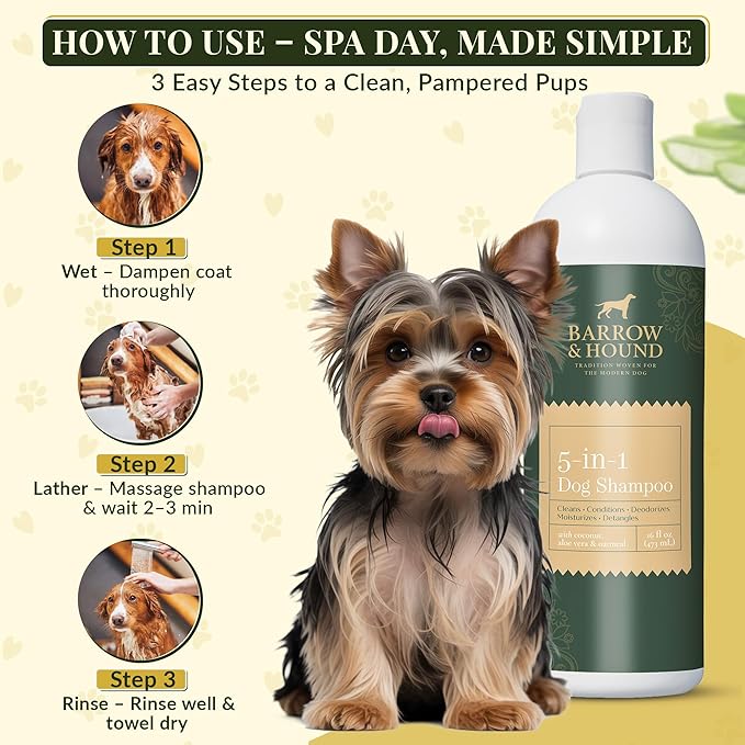 Barrow & Hound 5-in-1 Dog Shampoo & Conditioner – Natural, Tear-Free, Hypoallergenic Formula for Itchy & Smelly Dogs | Oatmeal, Aloe & Coconut | Safe for Puppies & All Breeds | Made in USA