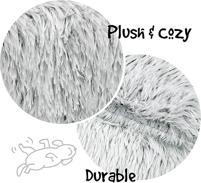 Friends Forever Donut Dog Bed Faux Fur Fluffy Calming Sofa For Small Dogs, Soft & Plush Anti Anxiety Pet Couch For Dogs, Machine Washable Coco Pet Bed with Non-Slip Bottom, 23"x23"x6" Ivory