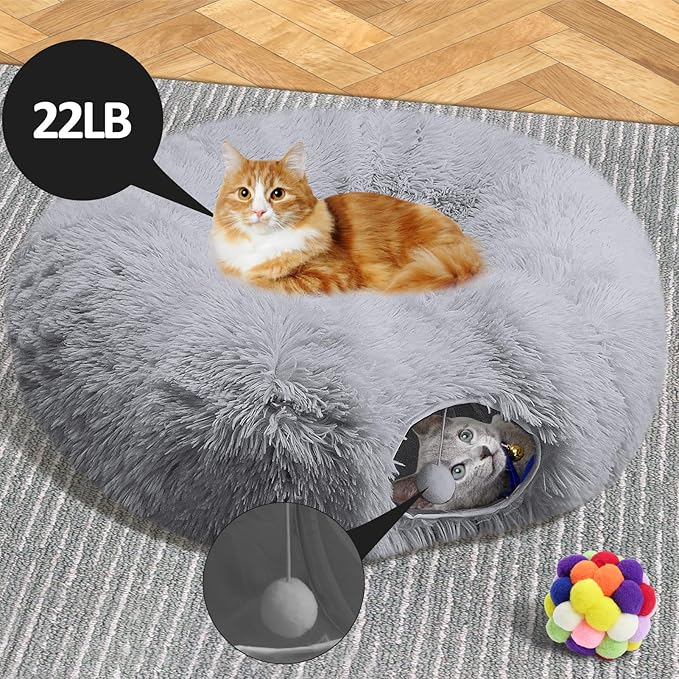 Cat Tunnel Bed with Central Mat, Soft Fluffy Plush Cat Tube Playground Toys, Collapsible Multi-Combinations Donut Circle Tunnel for Indoor Cat Kitten Kitty Puppy Rabbit Ferret (Gray)