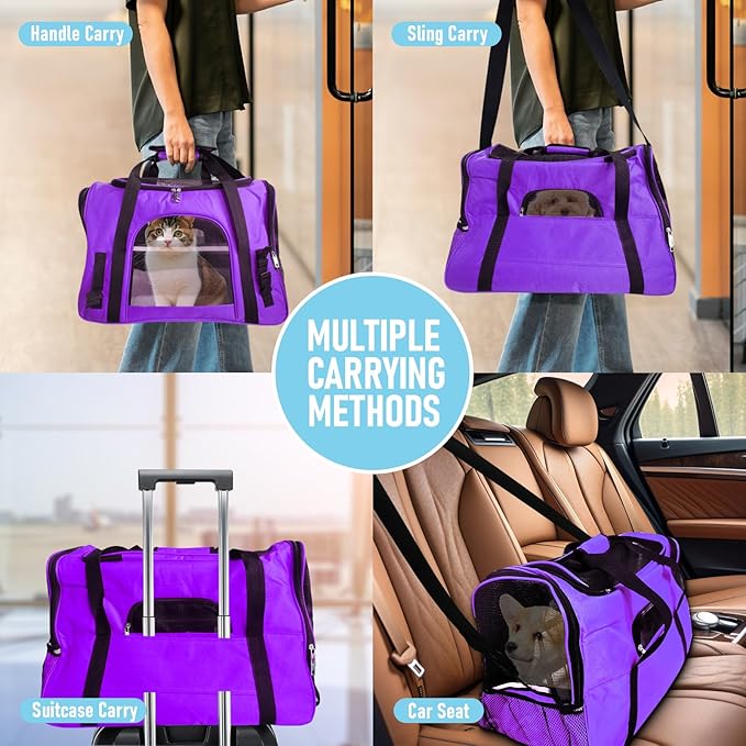 Expandable Cat Carrier for Travel, Soft-Sided Pet Carrier for Cats and Small Dogs, Airline Approved, Comfortable & Breathable Cat Carrying Bag with Adjustable Strap for Daily Use & Airplane(Purple)