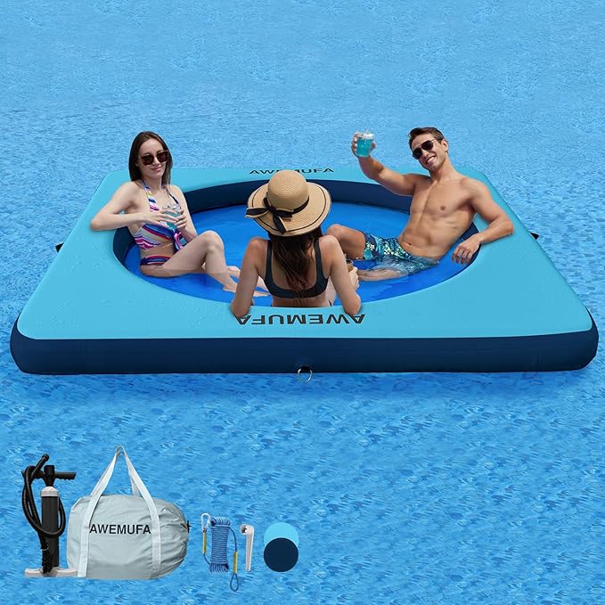 Inflatable Dock Floating Platform with Mesh, Heavy Duty Water Hammock Floats Floating Ring, Tanning Pool Hammock Inflatable Raft Mat Lake Floats for Adults Ocean