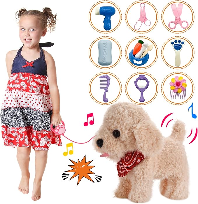 Interactive Walking Plush Puppy Toy Dog, Remote Control Electronic Robot Dog Realistic Wagging Tail, Rich Grooming Set, Gift Toy for Girls & Boys, Kids Age 3, 4, 5, 6 (Accessories Updated)
