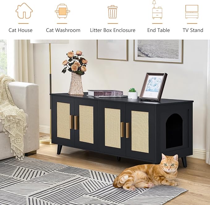 Homhedy Boho Cat Litter Box Enclosure for 2 Cats, Wooden Cat Washroom Furniture with Double Rattan Decorated Doors, Pet House,47.2”L x 19.7”W x 21.7”H, Black and Natural